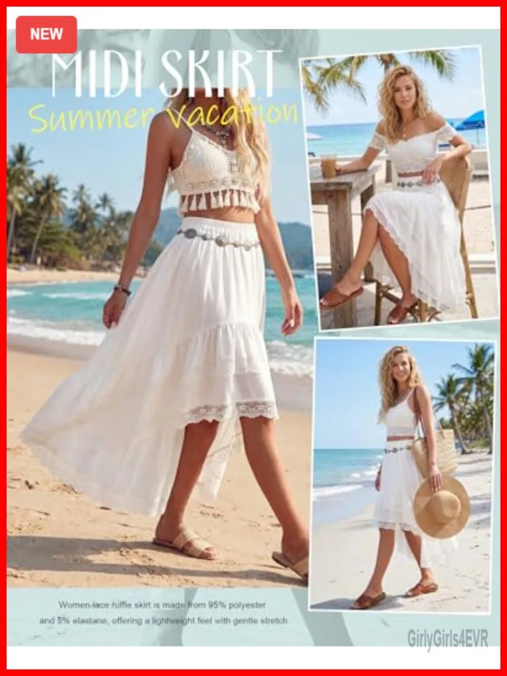 Women's High Low Lace Ruffle Boho Maxi Skirt Elastic Waist Asymmetrical